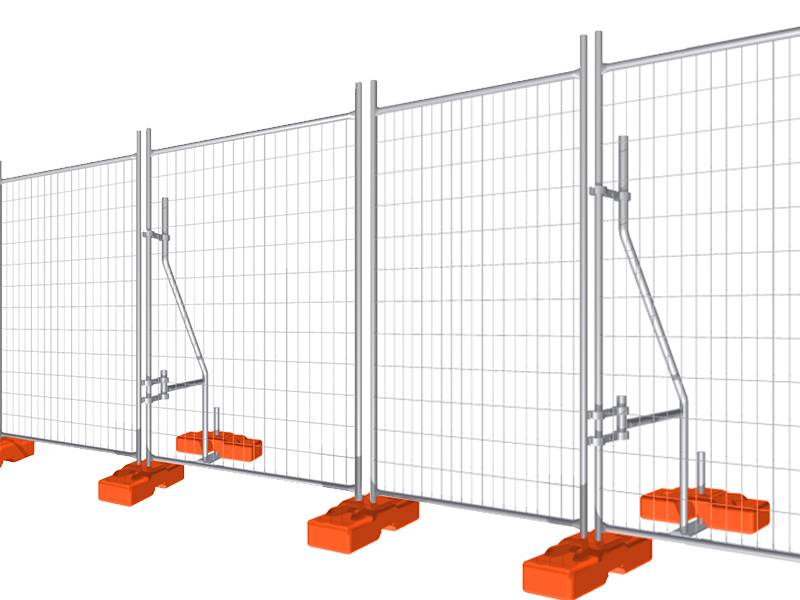 Three temporary fencing are connected with clamps, orange plastic feet and bracings.