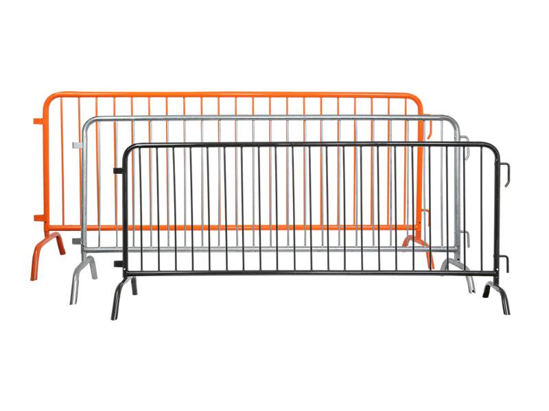 A silver hot dipped, a black and an orange powder coating steel barricades on white background.